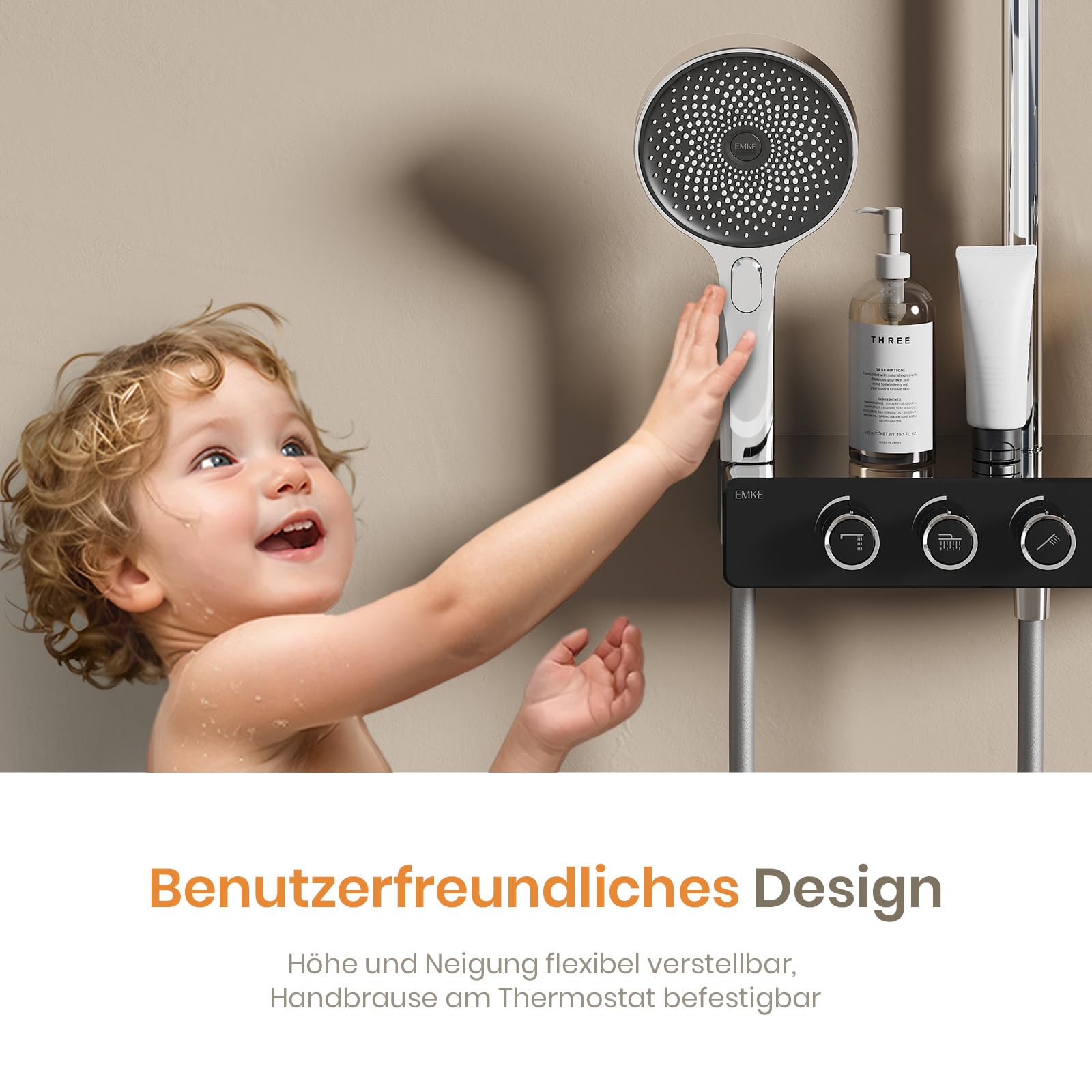 EMKE Duschsystem mit Thermostat, Regendusche Duschsystem Chrom, mit großer 26 cm Regendusche, 3 Strahlarten Handbrause, höhenverstellbarer Brausestange und Schlauch, Duscharmatur Komplettset