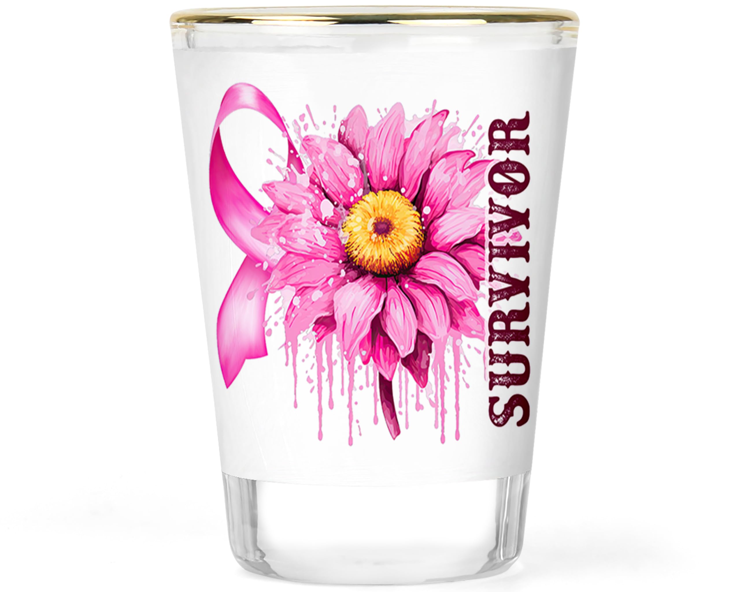 Breast Cancer Shot Glass Glasses Awareness Gifts Month Gift Pink Ribbon Survivor Supporter Unique Novelty Collectible Barware 1.5 ounce Gold-rimmed Shooter Shotglass Shots