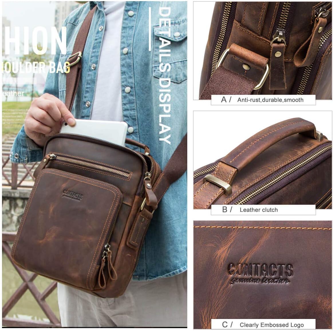 Hiram Messenger Bag for Men, Crazy Horse Cowhide Leather Crossbody Shoulder Bag for 9.7 inch iPad,Briefcase(Gray) - Image 6