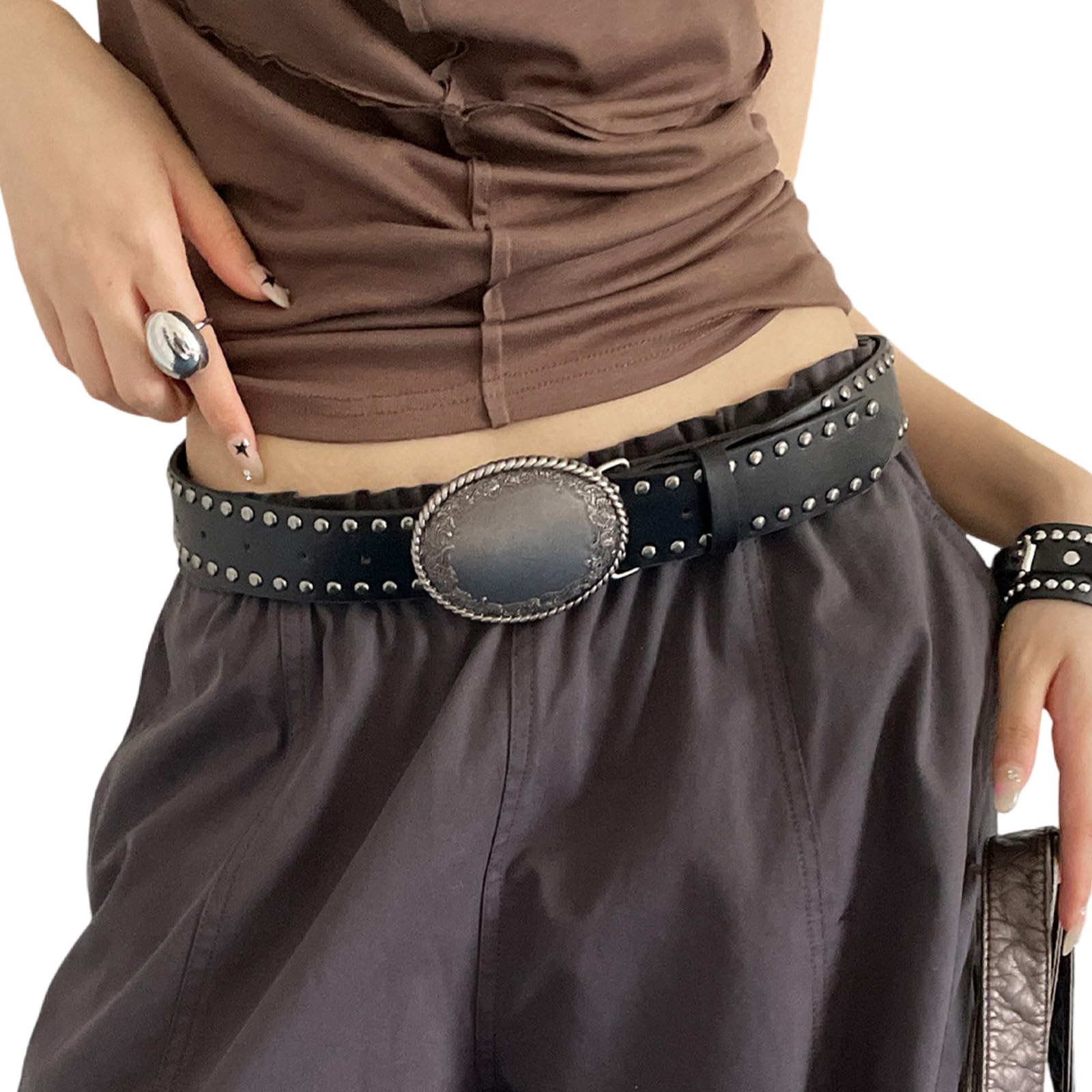 MICFENY Punk Adjustable Women's Belt Embellished with Retro Studs and Carved Detailing for Edgy Fashion Looks