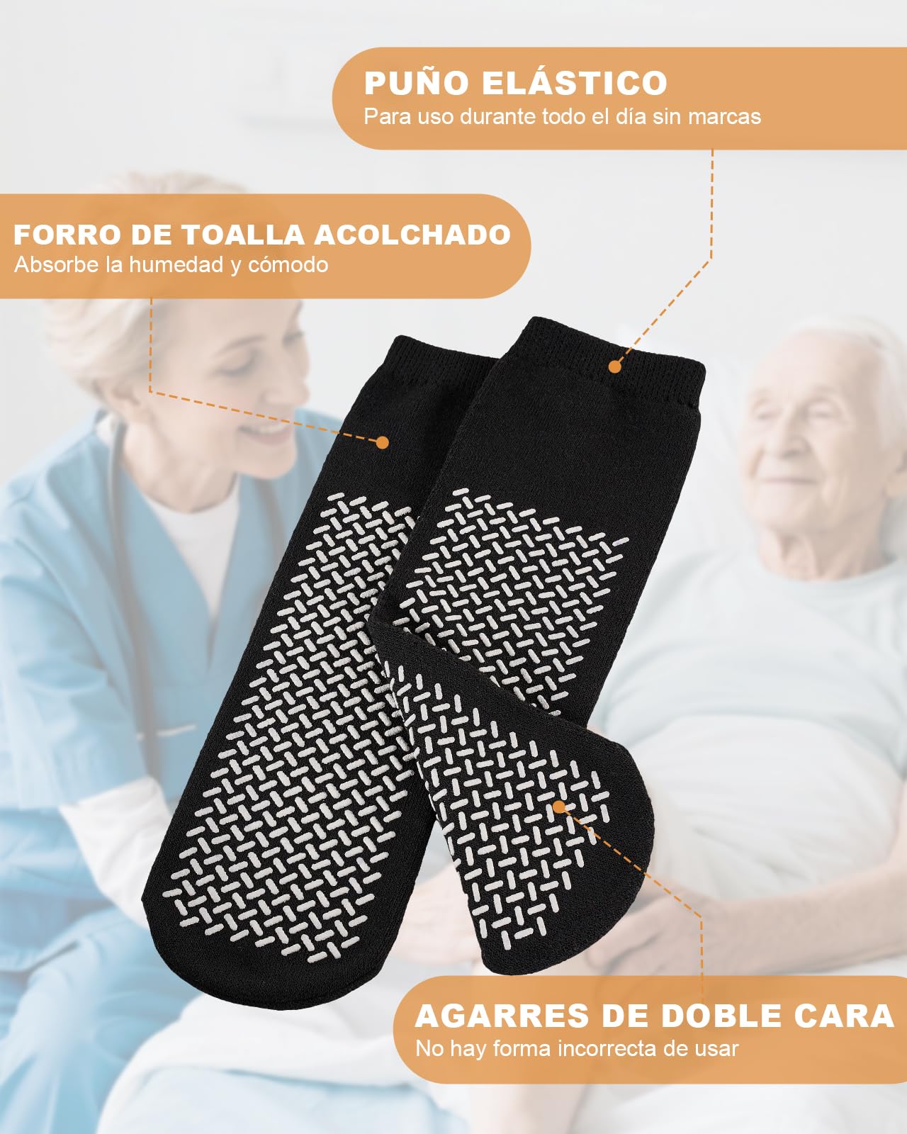 Calcetines antideslizantes hombre y mujer de hospital, doble perfil, 3 pares con puntos antideslizantes para cuidado y rehabilitación