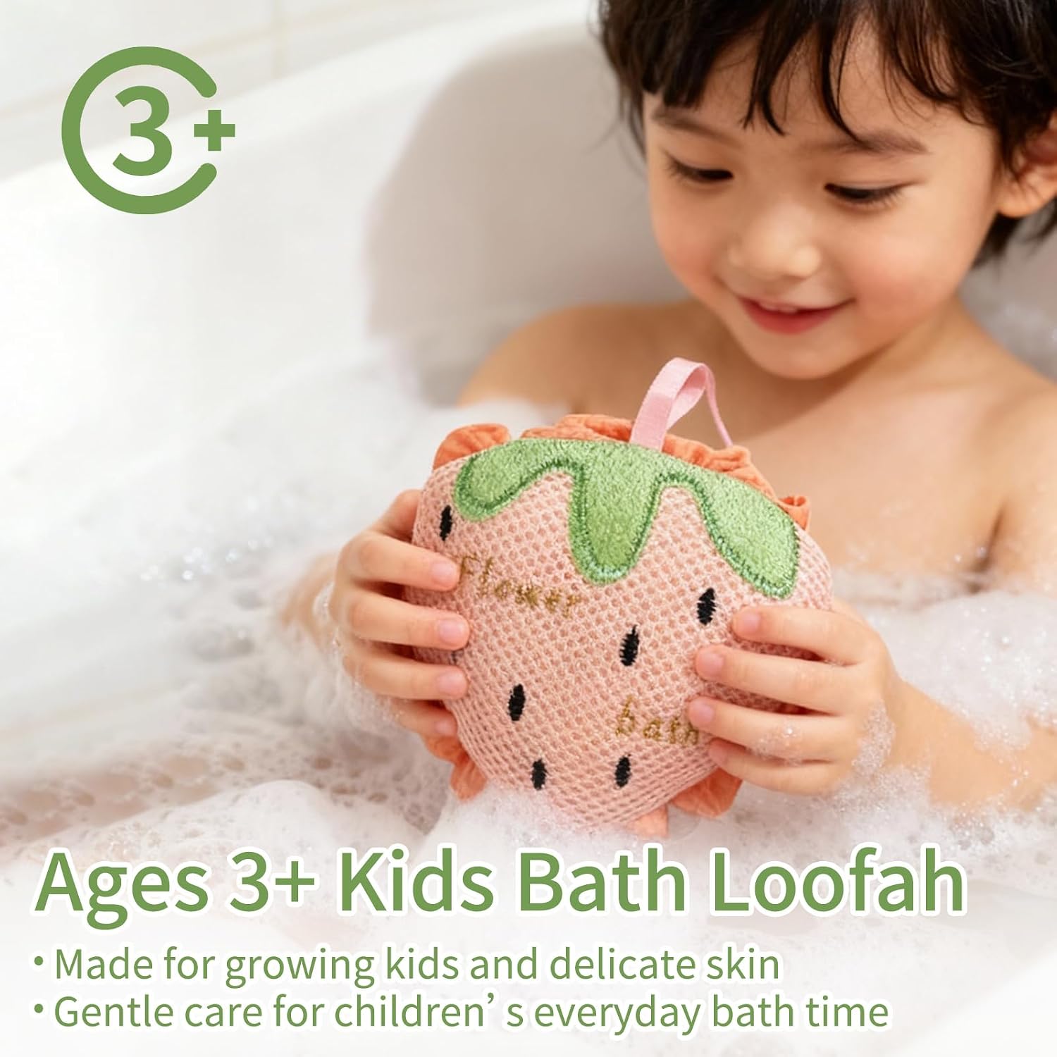 Kids Bath Sponge,Cute Kids Loofah Frog&Strawberry Shower Pouf,Soft Mesh Bath Loofah Fun Bath Accessories for Boys and Girls