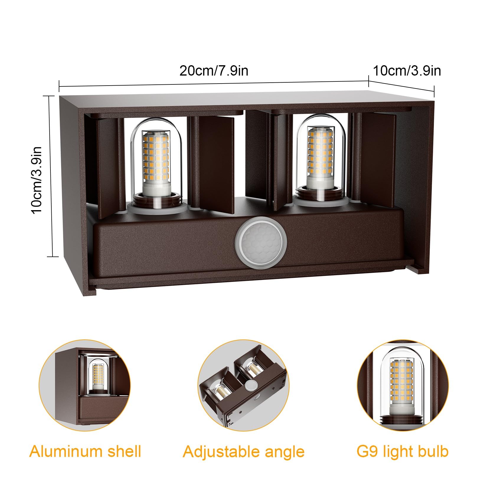 Klighten 1PCS LED Lampada da Parete Interno/Esterno con Sensore di Movimento, con Sorgente Luminosa Sostituibile Lampadina G9, 3000K Angolo del Fascio Regolabile Applique Esterno (Bronzo)
