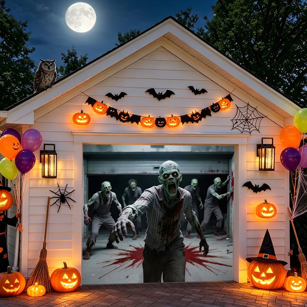 ZFFLYH Zombie Halloween Decorations Garage Door Cover Banner Backdrop 8X7Ft