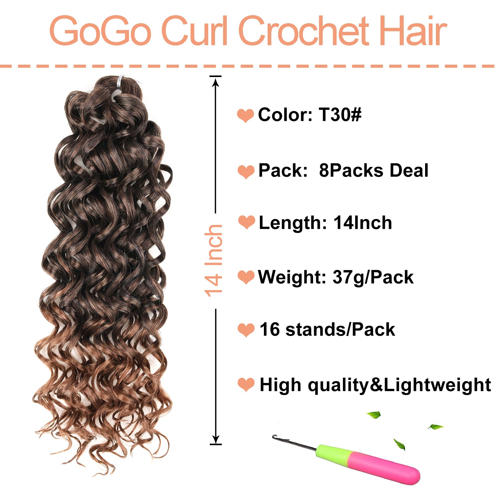 Mscat GoGo Curl Crochet Hair - 14 Inch Curly, Ocean Wave & Beach Curl Water Wave Deep Twist - 8 Packs Ombre Crochet Hair Extensions - Image 2