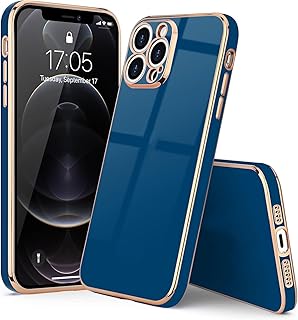 جراب خلفي من سيليكون ناعم بتصميم لامع مضاد للصدمات بحافة مرتفعة لحماية الكاميرا لموبايل ايفون 12 برو ماكس المعز مناسب للبنات والنساء أزرق ملكي