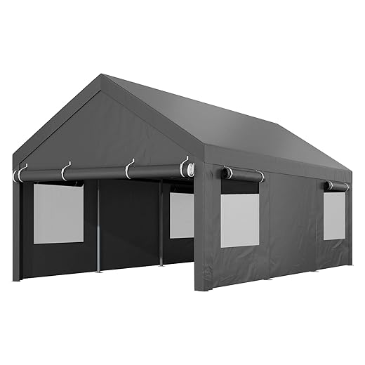 10x20 FT Heavy-Duty Design Carport,Portable Garage Canopy,Carport Canopy with Side-Opening Removable Door & Roll-Up Window,Portable Car Port for Car, Truck, Boat, Black/Gray
