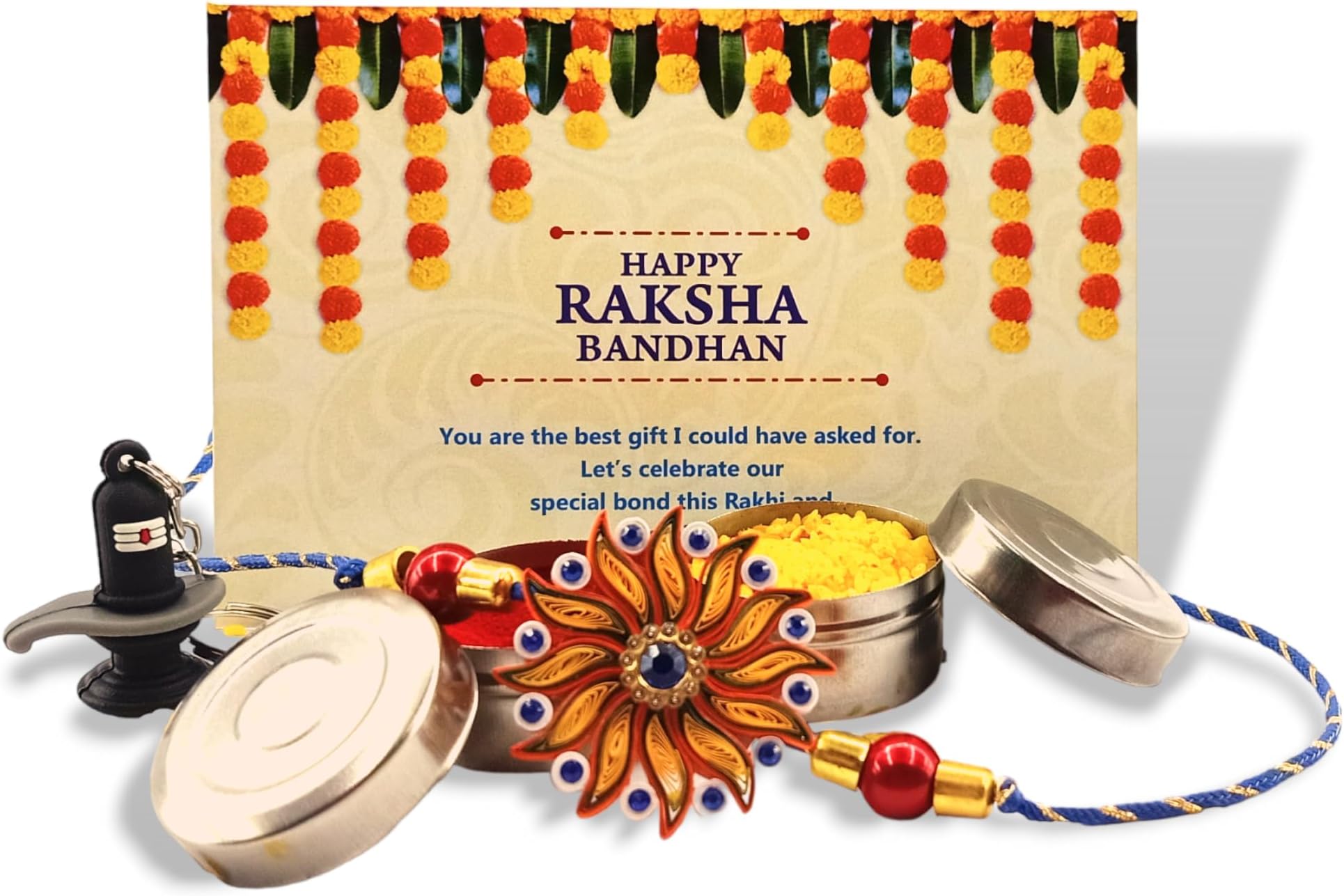 Crafts Planet Quilling Handmade Beautiful Rakhi for Brother/Bhaiya (Orange) & Set of(2) for Raksha bandhan with Free chawal, Roli dibiya and Free Greeting Card with Shivling Keychain Gift.