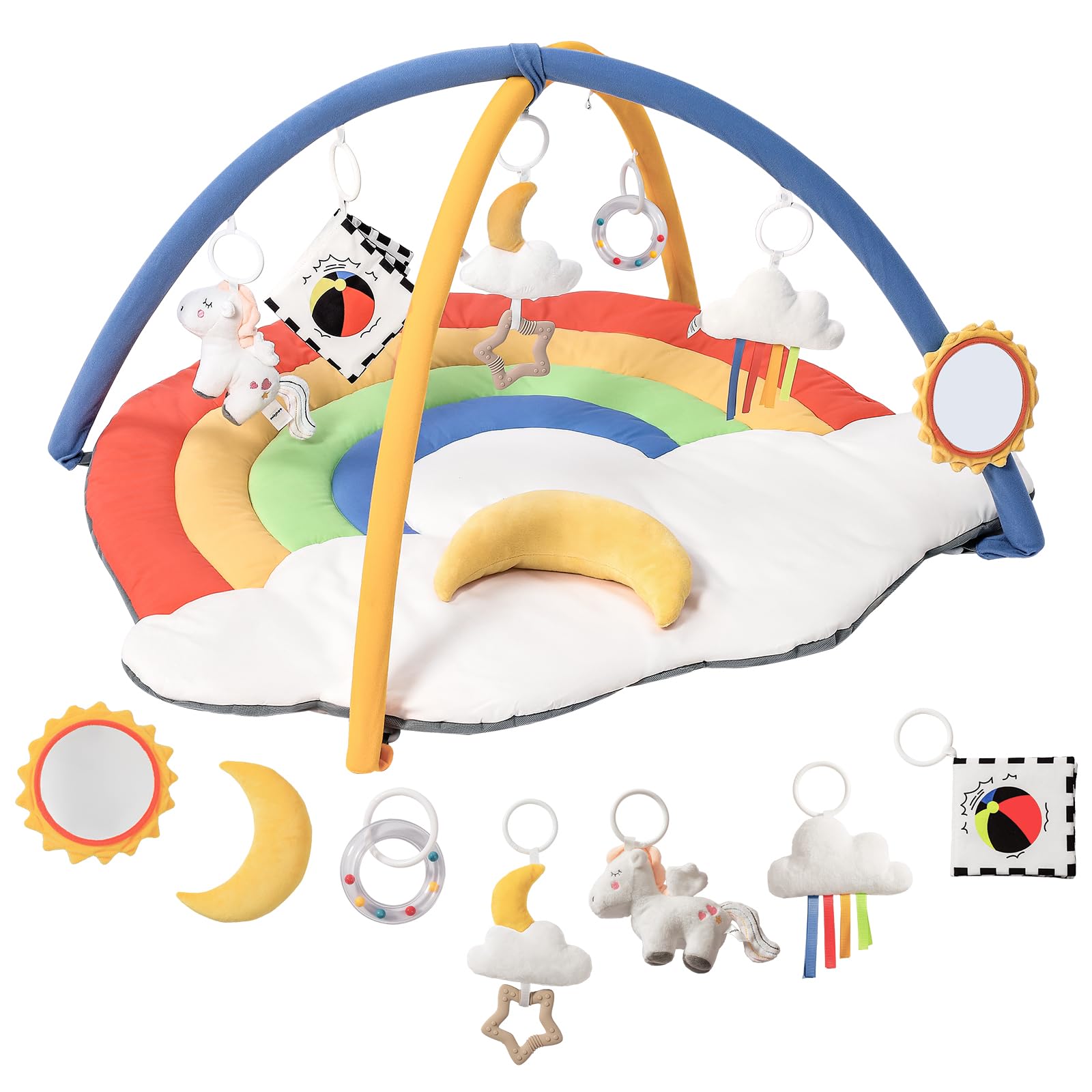 baby gym play mat with 6 detachable toys, tummy time mat for floor, promote motor skills & sensory development mat for infant, washable baby activity mat, easy to install, baby essentials gift-rainbow
