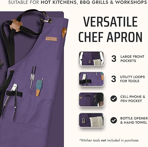 Miniatura 72 de Asaya - Delantal de chef para hombres y mujeres más toalla de mano y abrebotellas, de lona de 10 onzas Rojo,Negro,Azul,Azul-Verde,Borgoña,Verde