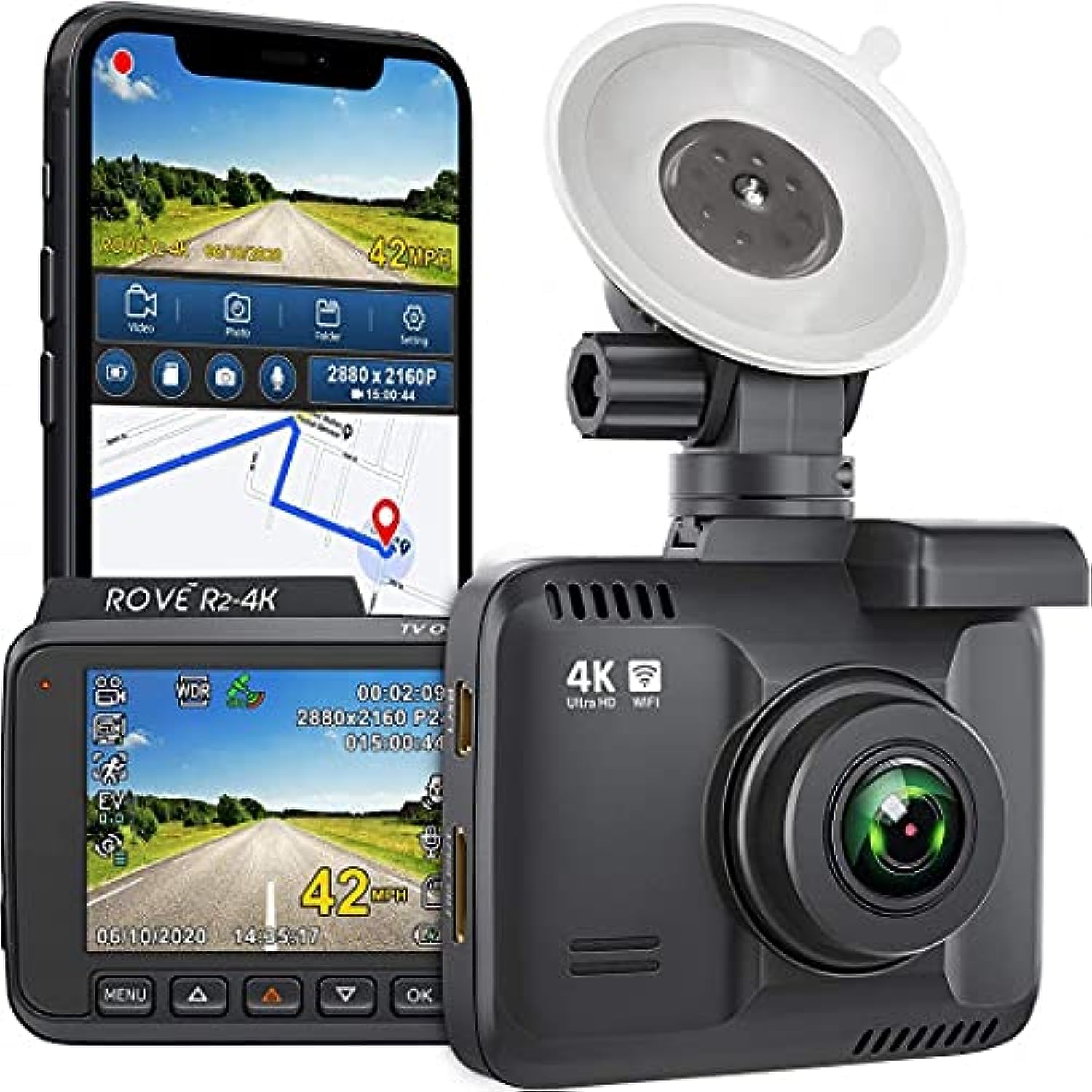 ROVE R2-4K kamera samochodowa WiFi GPS kamera samochodowa Ultra HD 2160p w samochodzie DVR rejestrator kamery z szerokim kątem 150°, super noktowizor, czujnik G, nastrój parkowania, poklatkowy
