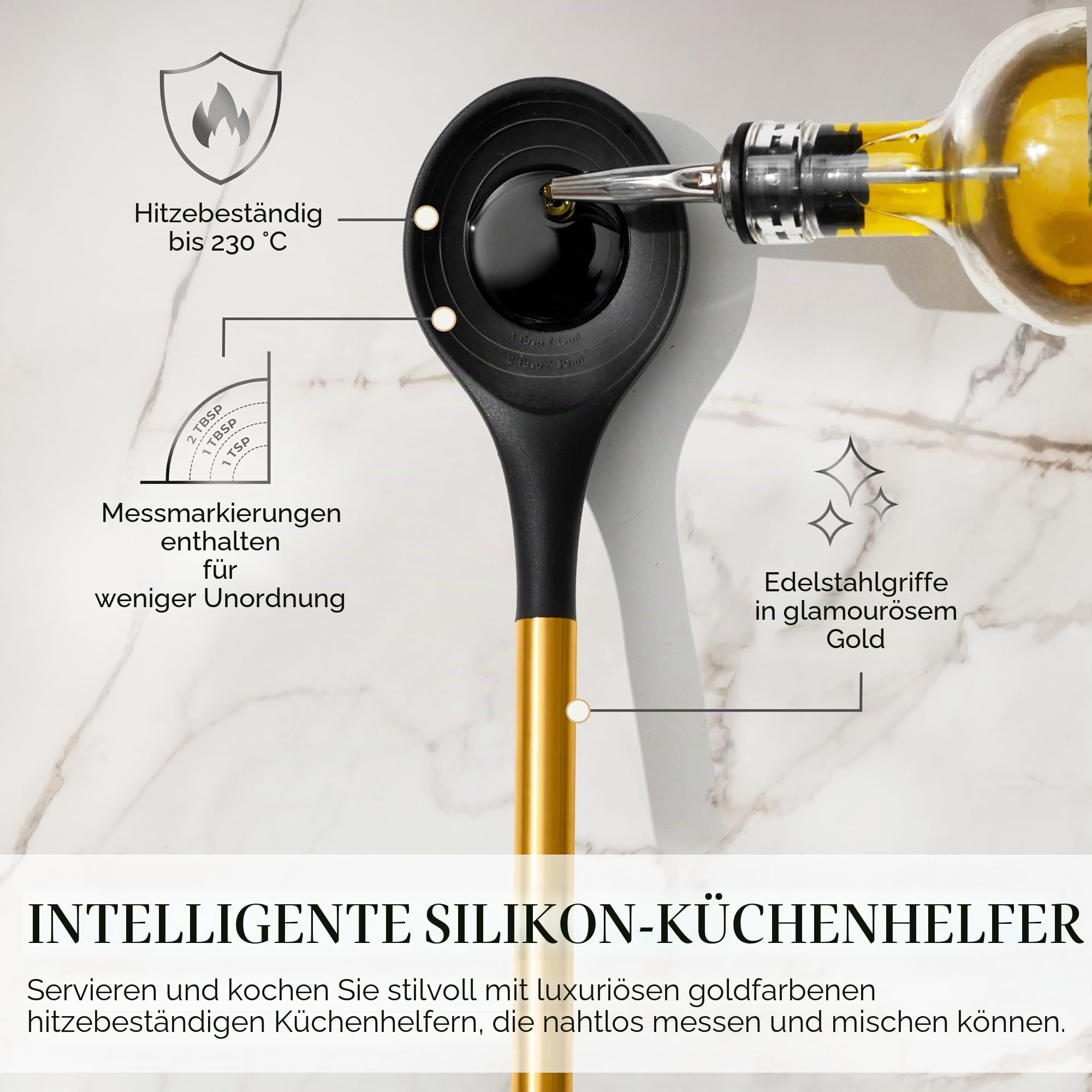 Schwarz-Goldenes Küchenutensilien-Set – 7-teiliges Silikon-Kochset mit goldenem Utensilienhalter – Für Antihaft-Kochgeschirr & moderne Küchen