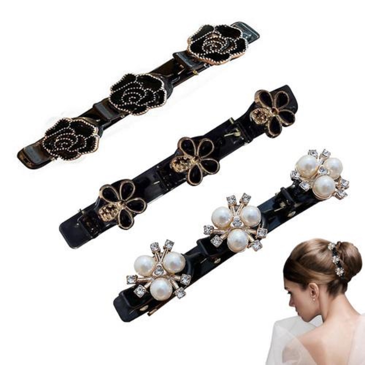 4 Stück Doppelschicht Haarspangen Mit Kristallblume – Elegante Haarschmuck-Sets Für Damen & Mädchen