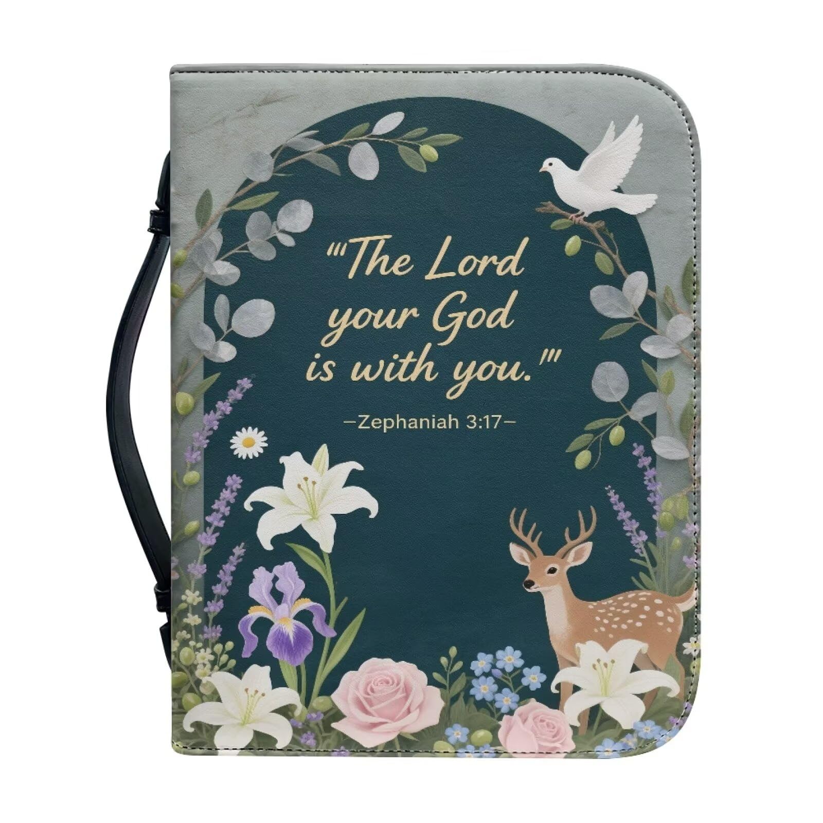 Kuiaobaty God Saying Bible Bag Book Cover Holder for Women, Deer Pigeon Floral Dustproof Church Bible Case with Handle, God with You,2XL — image 1