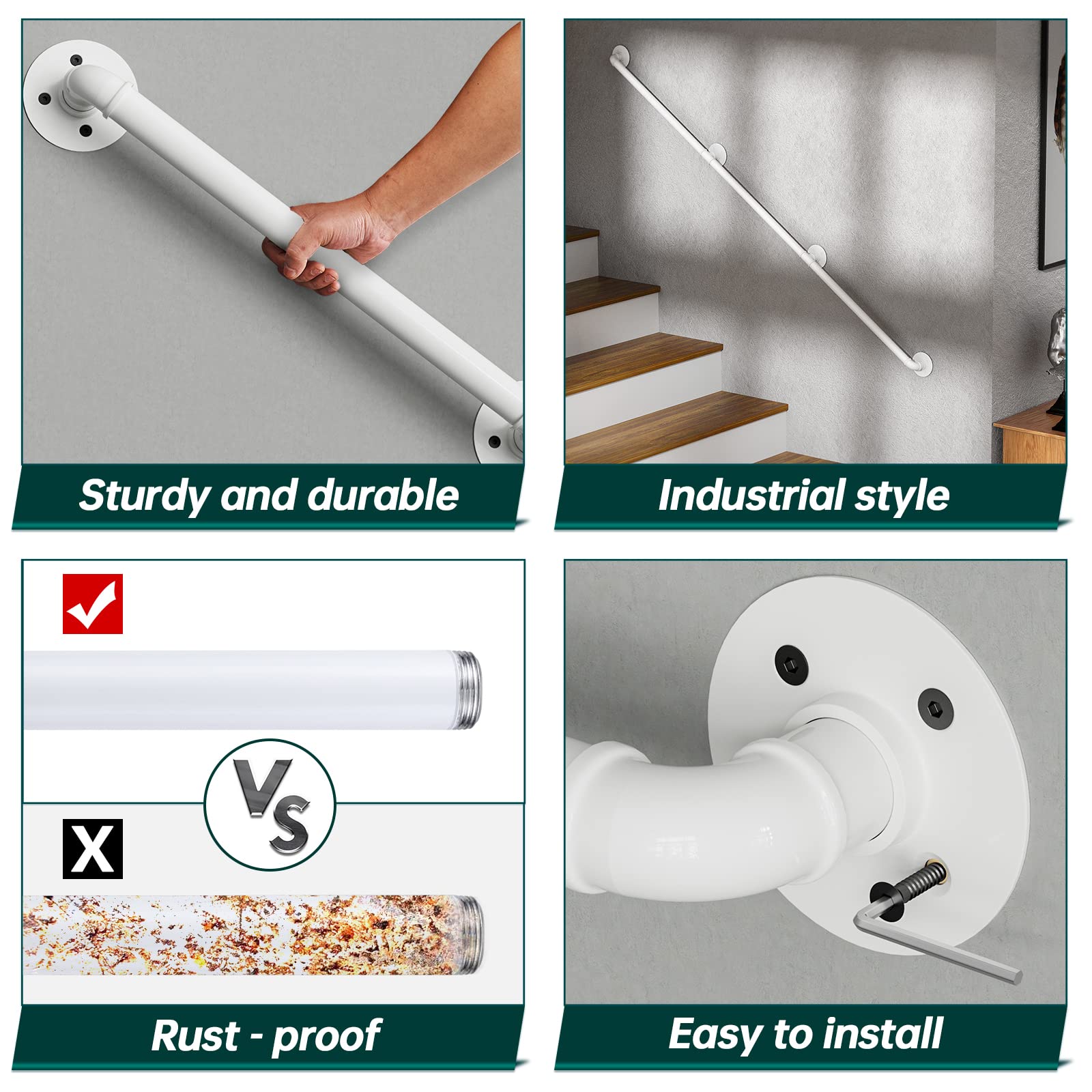 Muzata 5ft Staircase Handrail White Pipe Handrail Staircase Steps Hand ...