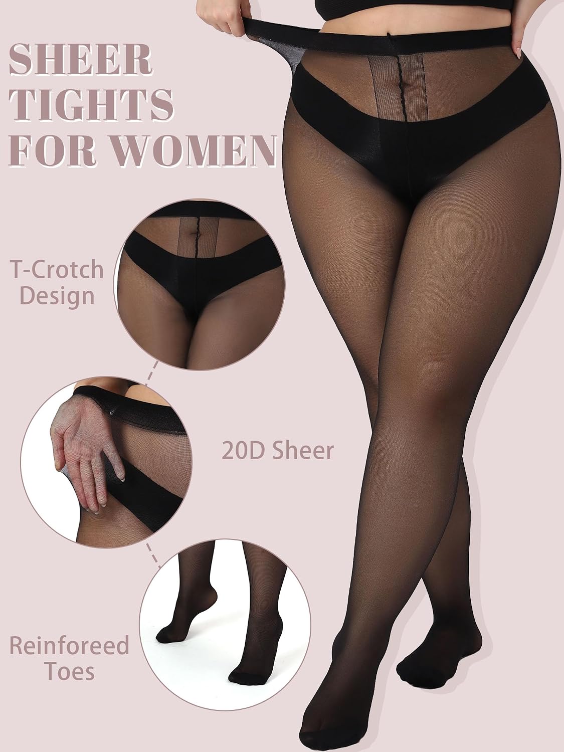 Plus Size Sheer Tights for Women T-Crotch 20D Stockings Ultra Thin Pantyhose Reinforced Toes
