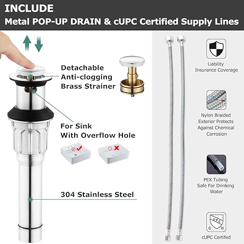 Miniatura 3 de PARLOS Grifo de lavabo de baño de 2 manijas con montaje de drenaje y línea de suministro, mezclador de grifo de lavabo cUPC sin plomo, grifo de