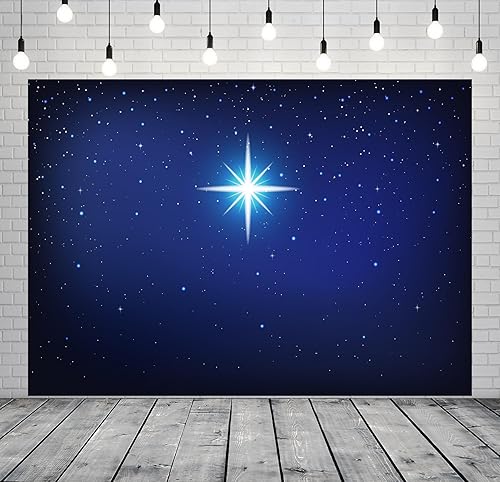 Miniatura 2 de BELECO Telón de fondo de noche de estrellas de tela de 7 x 5 pies, estrella de Navidad, cielo estrellado azul, belén, estrella de Belén, Jesús,