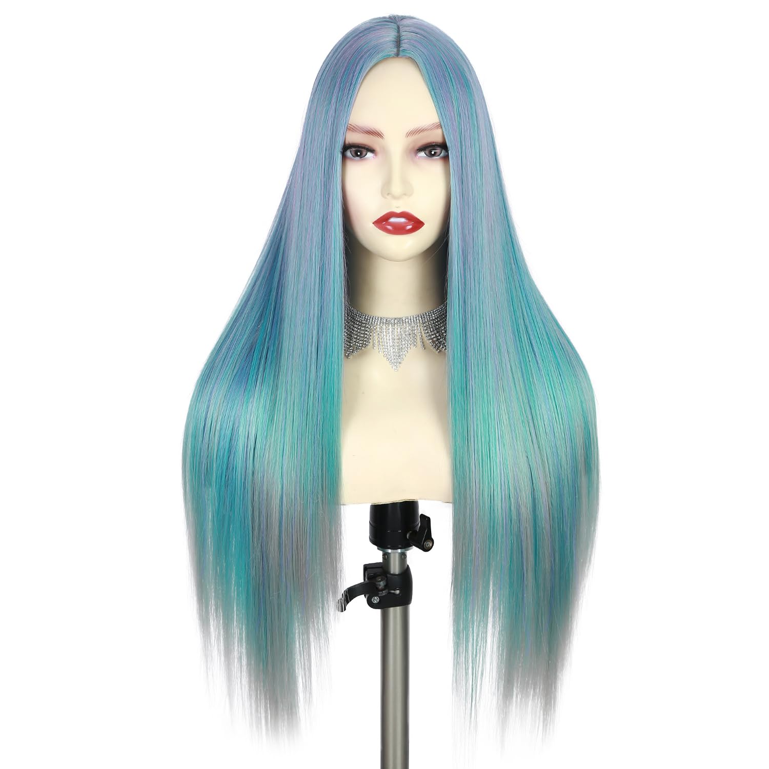 Long Straight Rainbow Wig With Bangs Silky Straight Hair Multi-Color WigWigs for Women 28 Inch Synthetic Heat Resistant Fiber Bluish Green Wig for Cosplay Daily Party Use B-ombre green