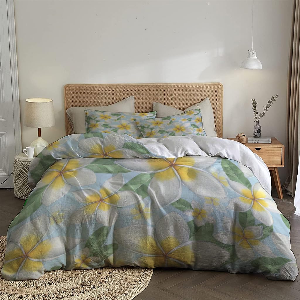 NIBAINLO 布団カバープルメリアの花と緑の葉を使ったハワイアンフローラルテーマ 肌に優しい ピーチスキン加工 掛け布団カバー 和式 洋式 あったか 布団カバーセット リバーシブル ホームステイ ホテル 家庭兼用