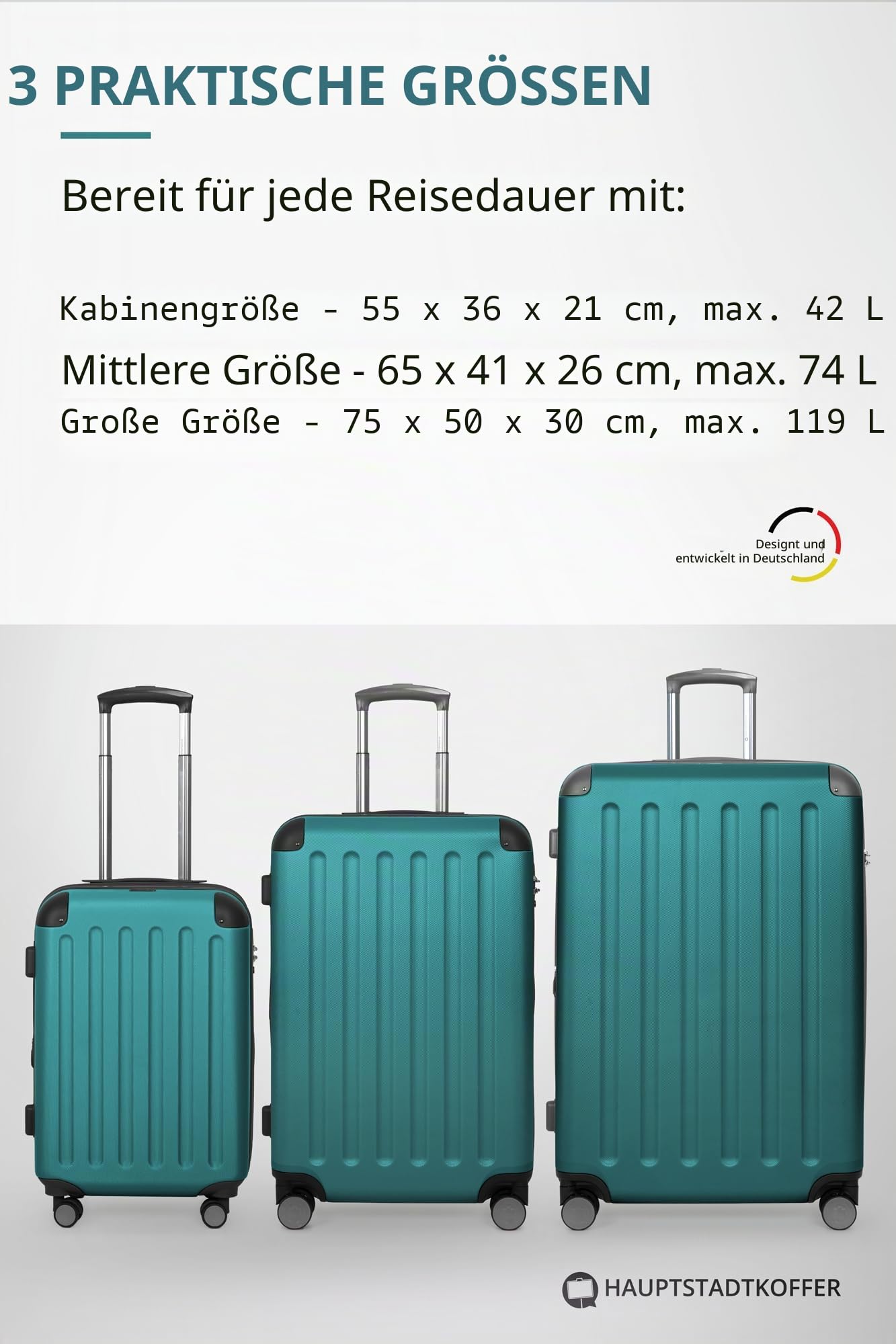 Hauptstadtkoffer Spree - Großer Hartschalen-Koffer + Digitaler Kofferanhänger, TSA, 4 Doppel-Rollen, Trolley, Rollkoffer, Reisekoffer, Volumenerweiterung, 75 cm, 119 Liter, Aquagrün