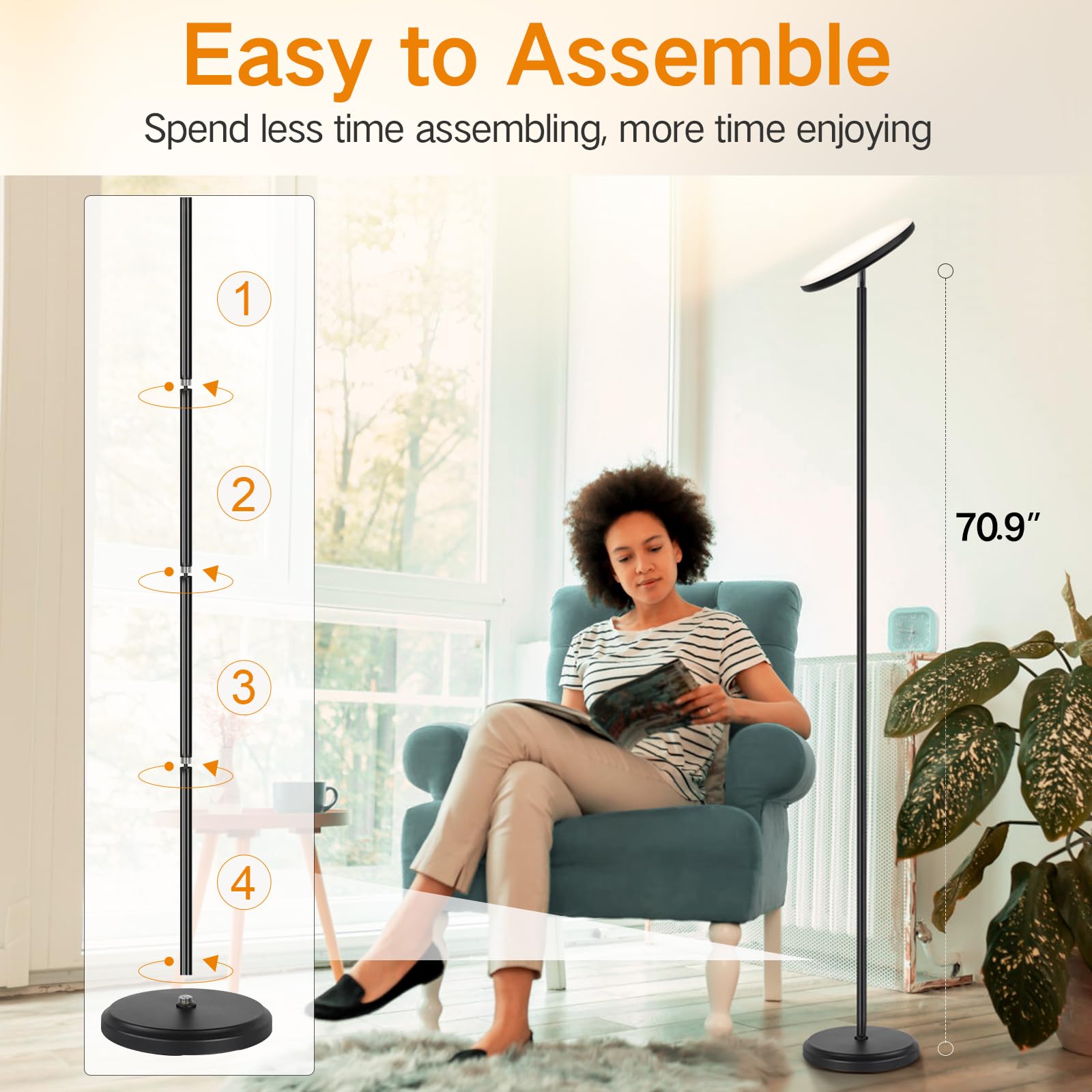 OUTON Lámpara de Pie LED Funciona con Alexa, Google Assistant, Regulable y Moderna, 30W Súper Brillante, 180CM, Función de Temporización de Memoria, Control Remoto y APP,Para Sala de Estar Negro Chido