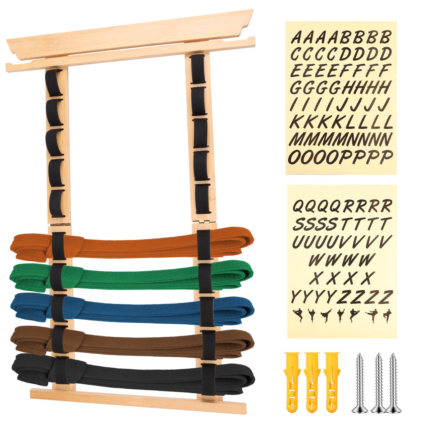 10 Tiers Wood Karate Belt Display Rack with Medal Hanger and Stickers, Taekwondo Belts Storage Shelf Holder, Wall Martial Arts Belt Display Rack Belts Medal Holder for Kids Adults and Enthusiasts