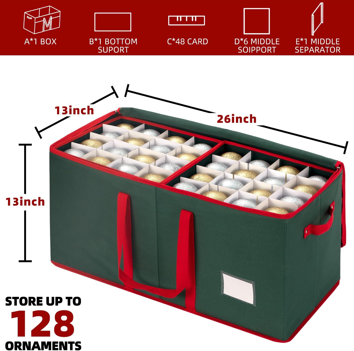 ININ Christmas Ornament Storage Box with Adjustable Dividers,Christmas Ornaments Organizer with Zippered Top,Storage Container Bin with Side Pockets for Holiday Decorations(128 Ball, Green, with Tray)