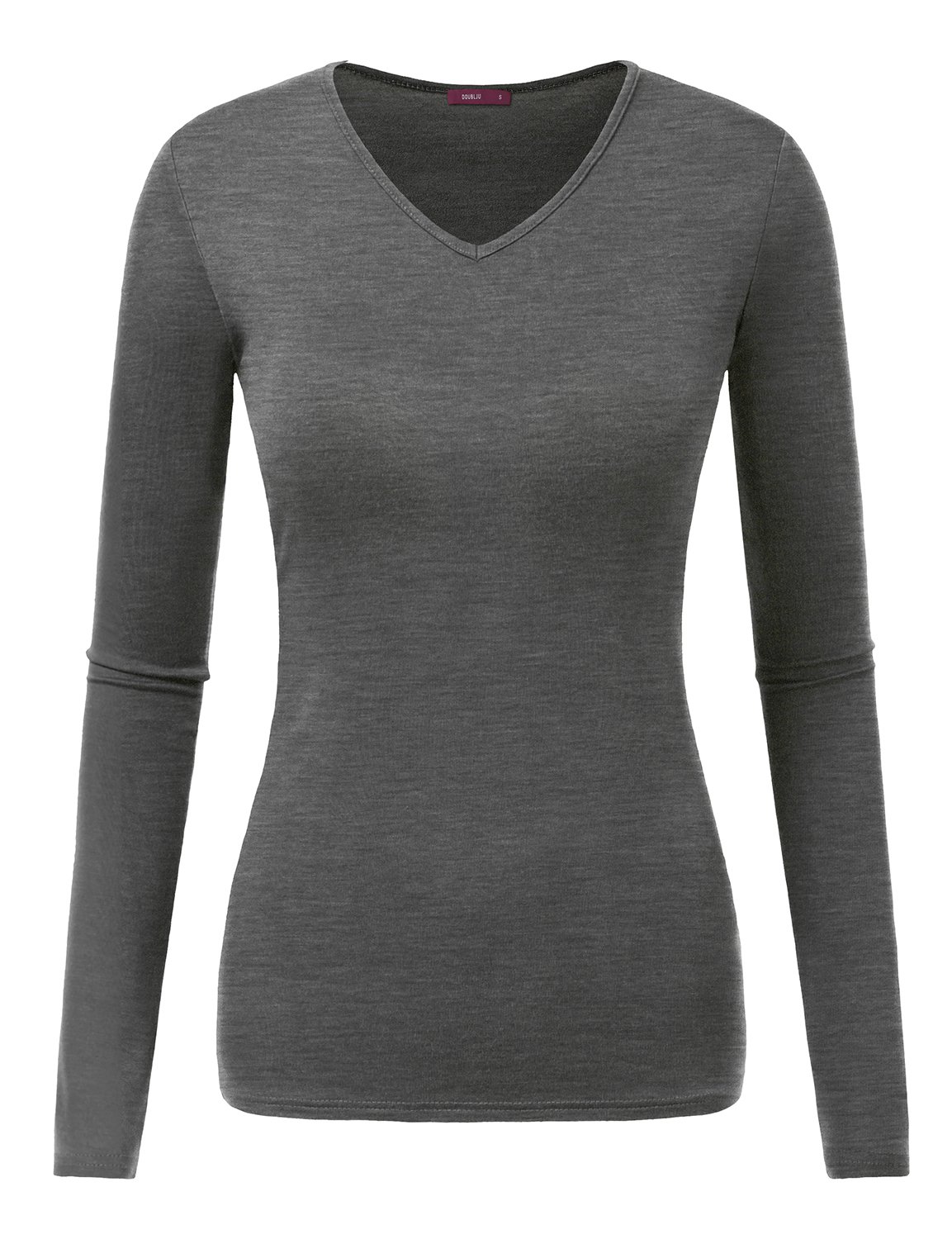 Doublju Women Stretchy Long Sleeve V Neck Slim Fit T-Shirt Charcoal,2XL