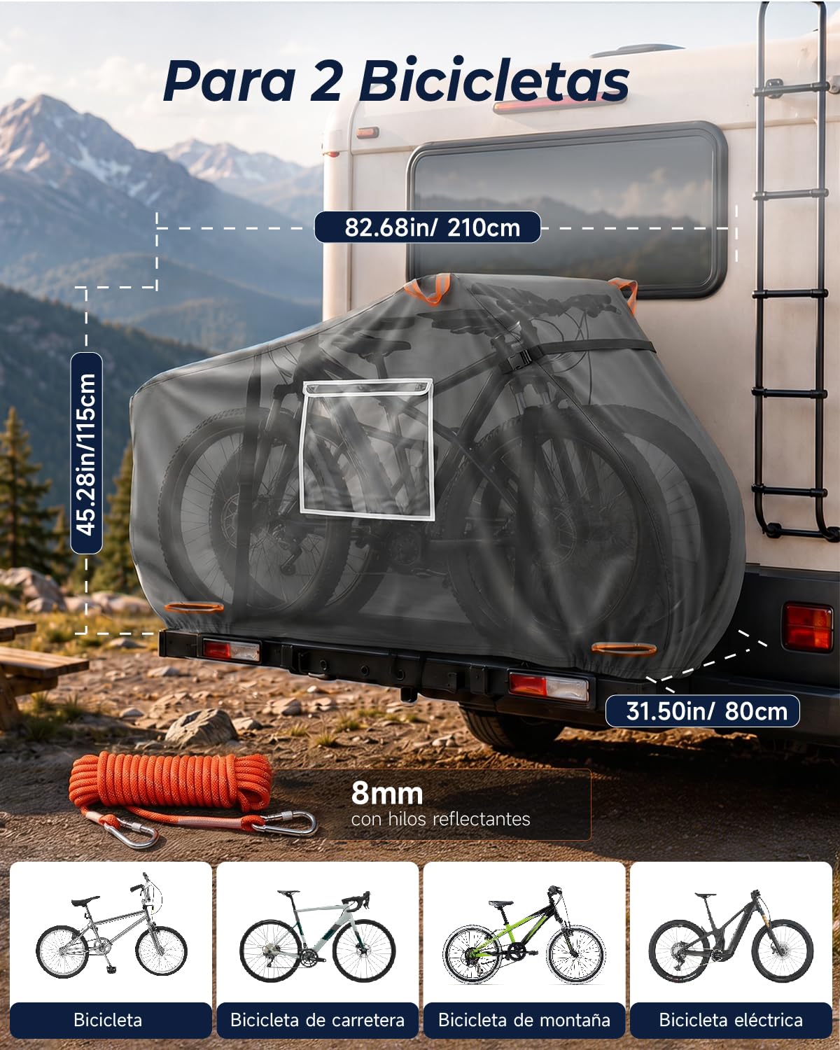 Funda Bicicleta Exterior Impermeable para 2, 600D Resistente al Viento | 210×80×115cm, Resistencia al Desgarro, con Cuerda de 6m, Portátil, para Acampar, Viajes por Carretera, Mudanza