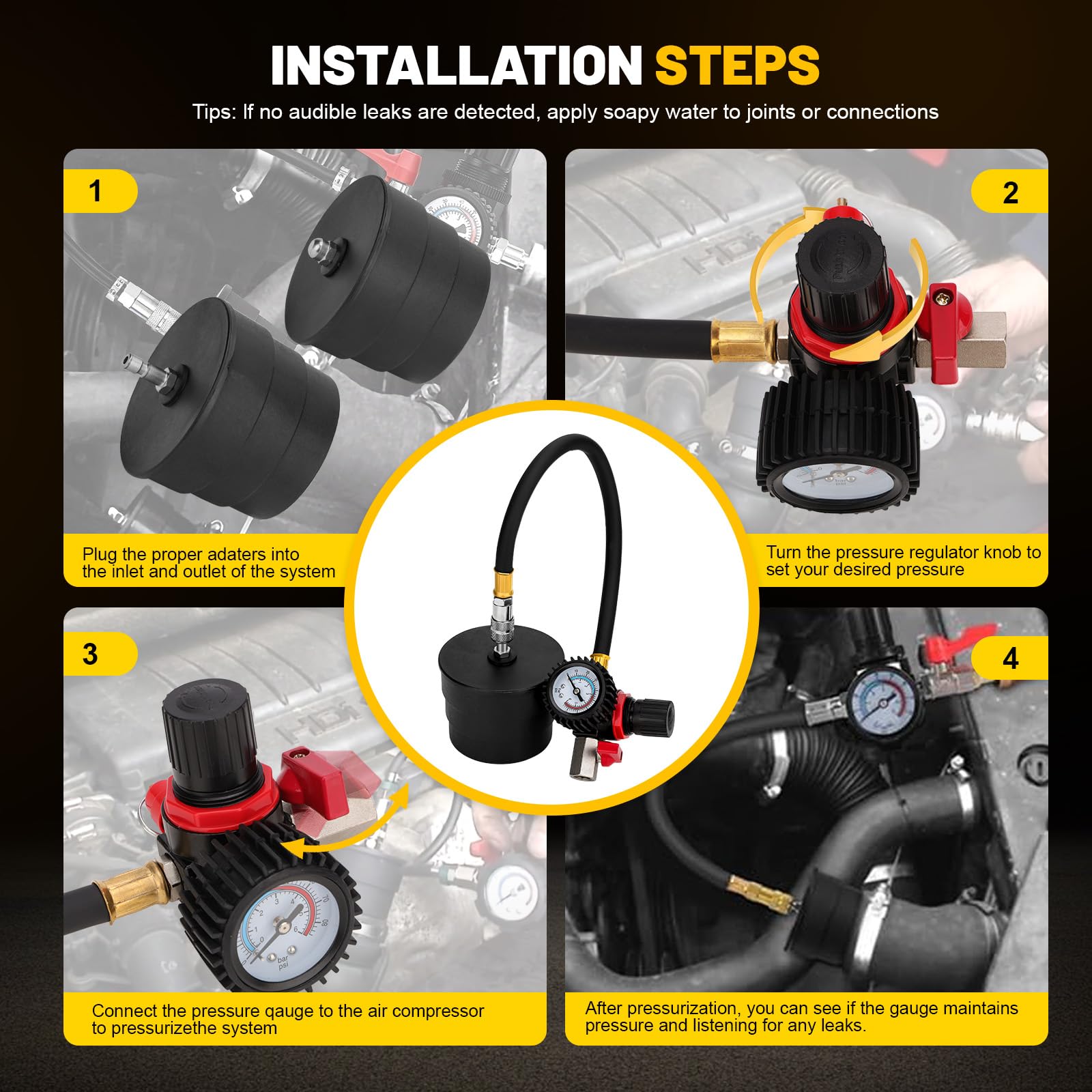 Turbo Ladedruck Tester Kit | 9-teilig | 4 Adapter-Paare 35-90mm | Manometer 0-6 Bar | Lecksuche