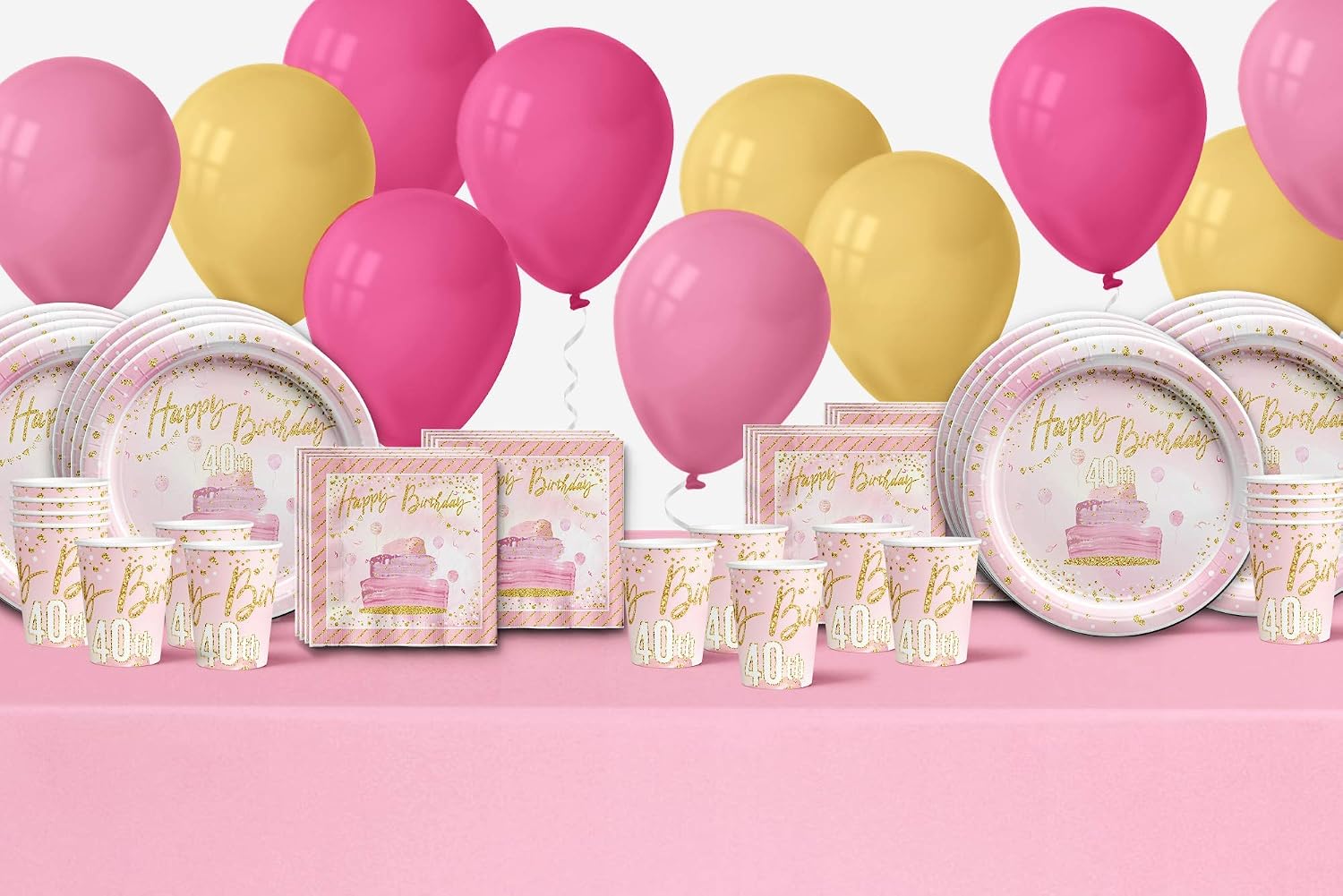 40th Pink and Gold Birthday Party Supplies Set Plates Napkins Cups Tableware Kit for 16