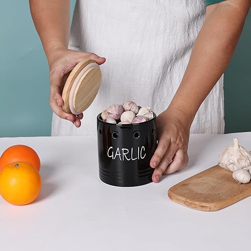 Miniatura 4 de Contenedor de ajo de cerámica con tapa de madera, contenedor de ajo para mostrador, fácil de limpiar, ahorra ajo para mantener tus dientes de ajo