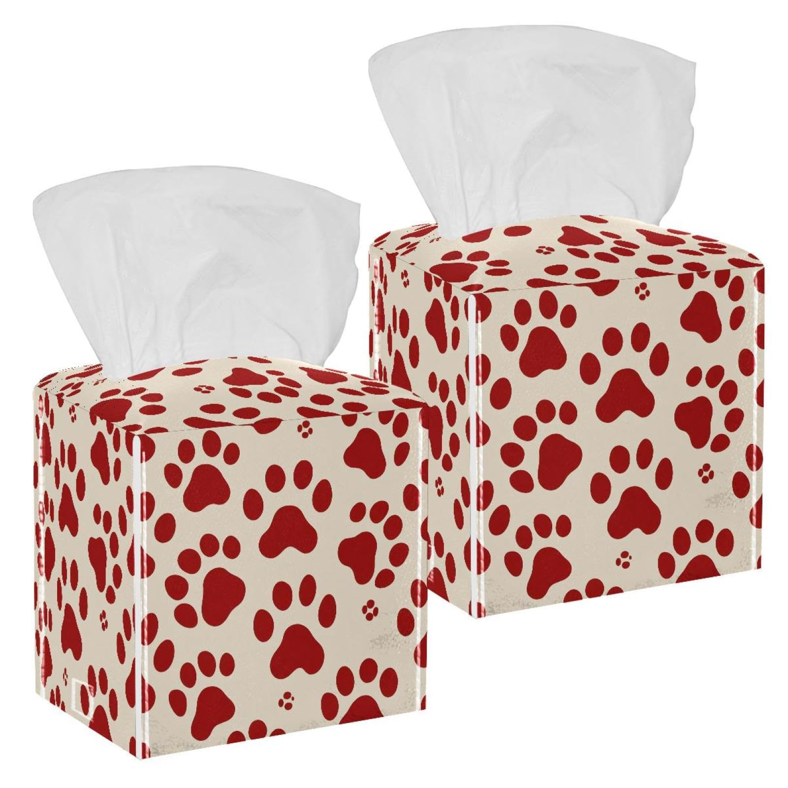 Dog Paws Tissue Box Cover, 2 Pack PU Leather Square Facial Tissue Dispenser Box holder for Home Office Car