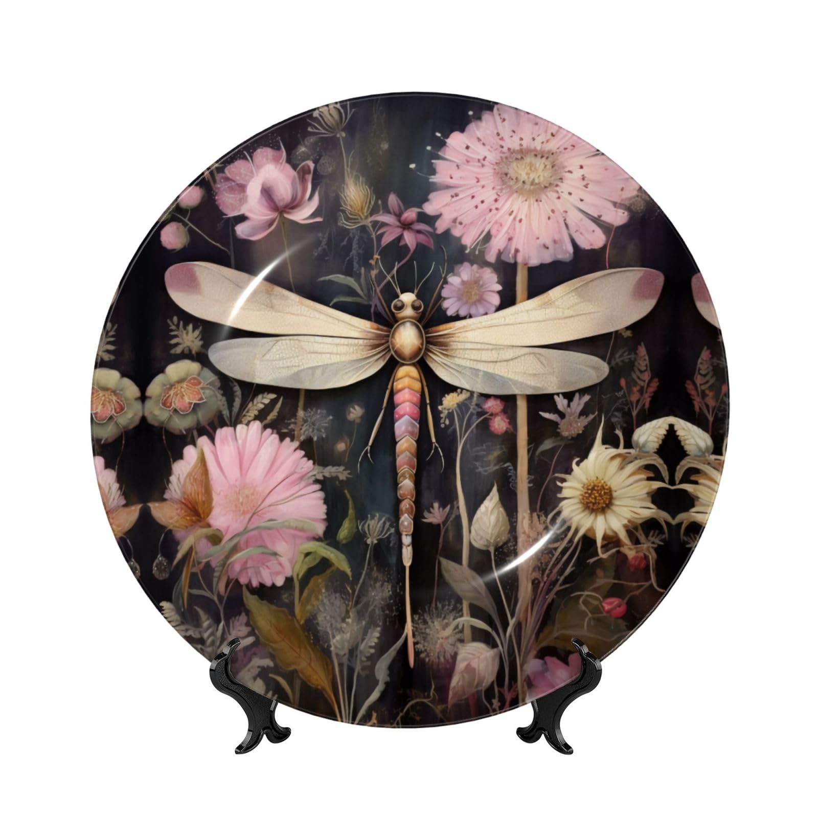 SXZVVBN Dragonfly with Pink Flowers Bone China Decorative Plate Art with Stand Removable Adhesive Hanging for Home Office 6in（15cm）