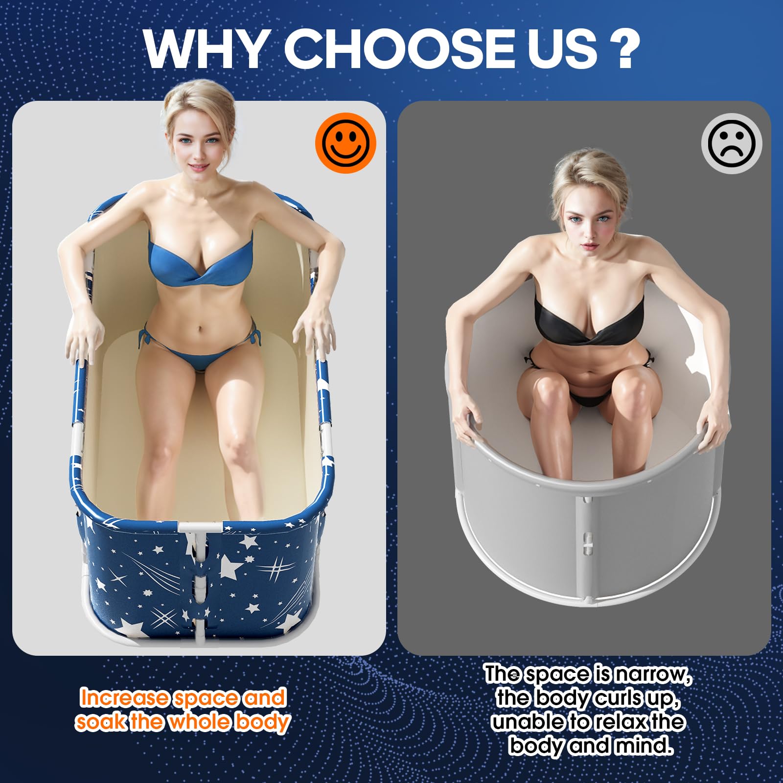 Vasca da bagno pieghevole portatile, vasca per ammollo per doccia calda e bagno di ghiaccio, vasca da bagno sauna indipendente per adulti, 110L x 60L x 52A cm, blu scuro