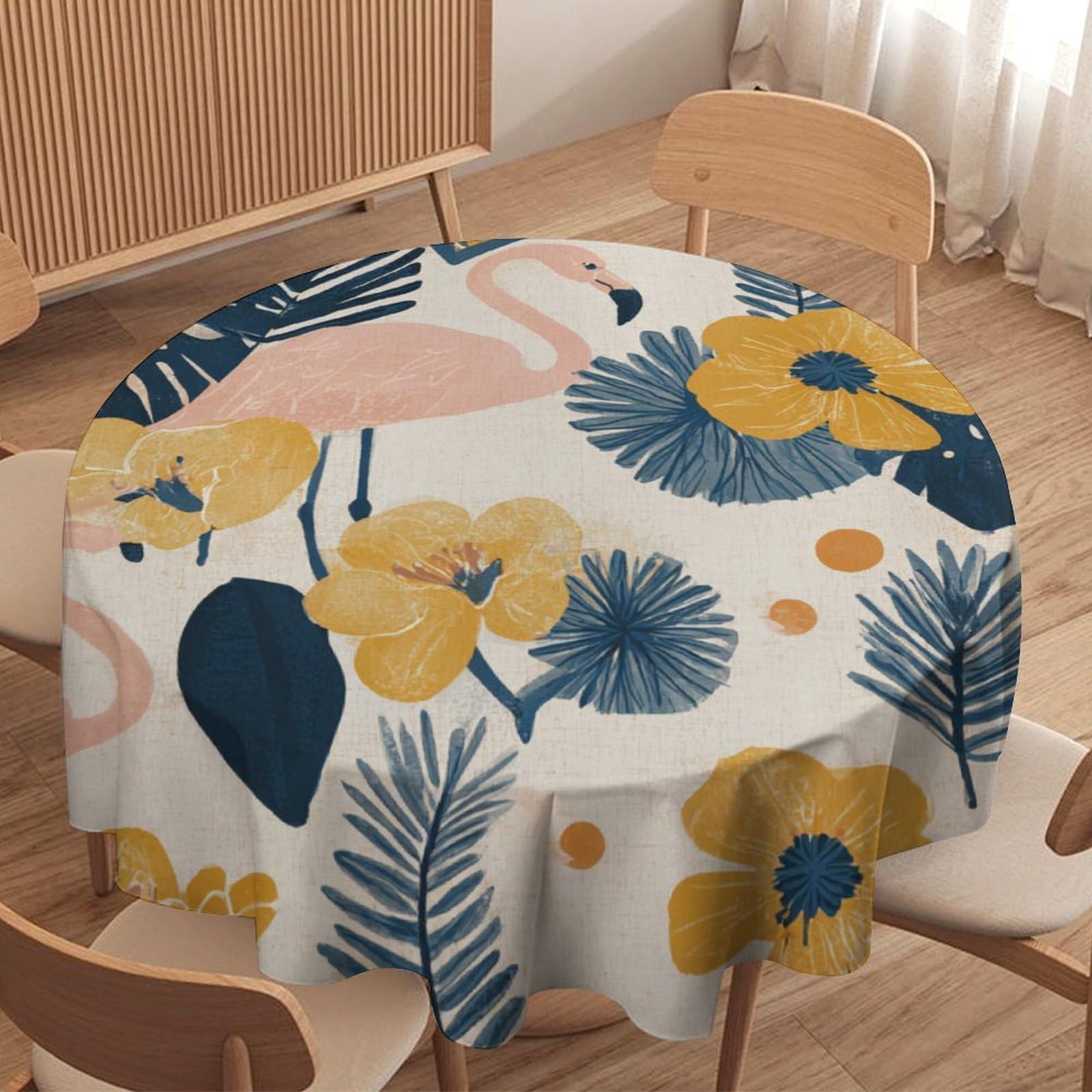 LUYYSKY Vintage Abstract Animal Flamingos Round Tablecloth Beautiful Rustic Galaxy Tropical Plants Palm Leaves Birds Flamingos Washable Decor for Table Cover for Kitchen-70 Wx70 L