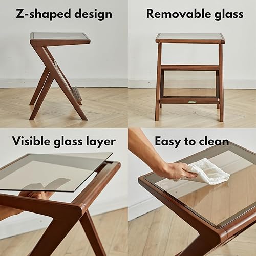 Miniatura 6 de Mesa auxiliar de madera en forma de Z con parte superior de vidrio extraíble, una adición contemporánea y versátil a tu espacio vital (nogal)