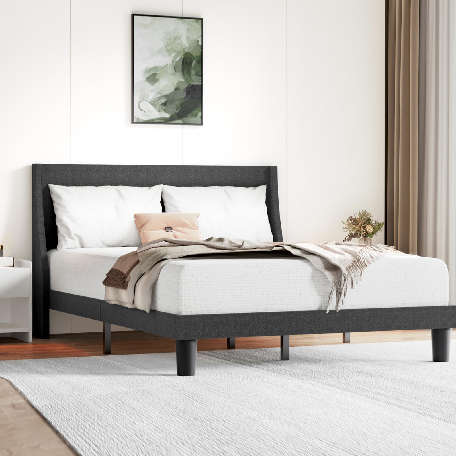 Double Bed Frame, Soft Linen Gray 4FT6 Upholstered Bed with Winged Headboard, Wood Slat Support