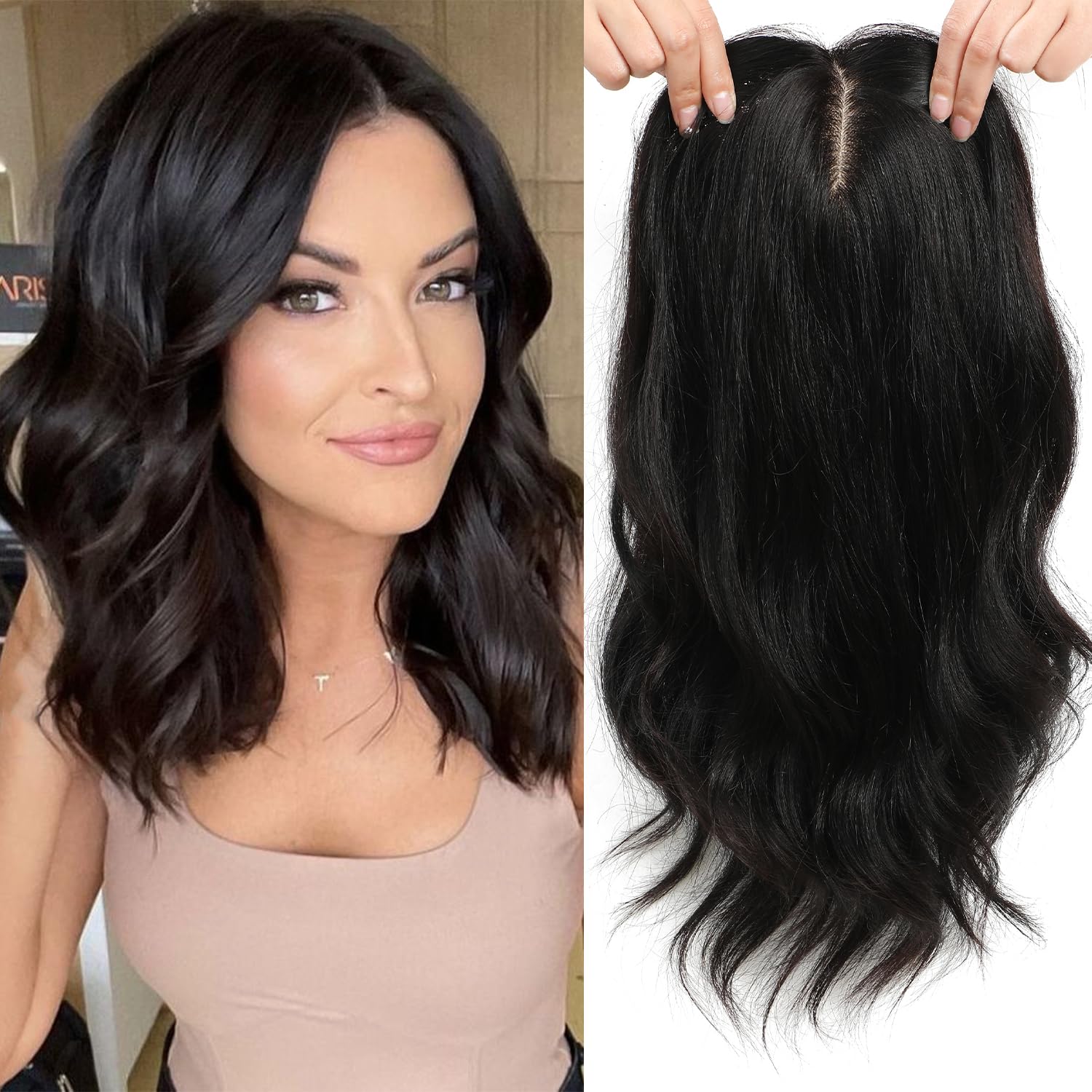 FU SHEN Human Hair Toppers for Women Hair Pieces for Women with Thinning Hair Wavy Wiglets with 8.5 * 8inch Skin Scalp Human Hair Toppers Clip in Extensions with No Bangs 14Inch(Natural Black)