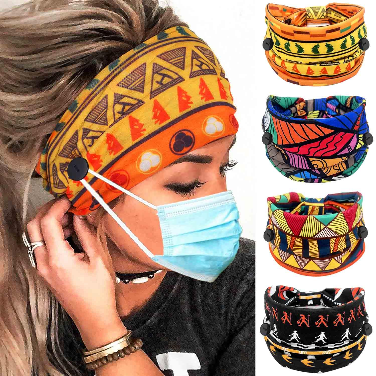 Olbye Wide Buttons Headband Nurse African Head Wraps Face Mask Headbands Elastic Knotted Turban Hairbands Workout Yoga Hair Scarfs Nursing Boho Hair