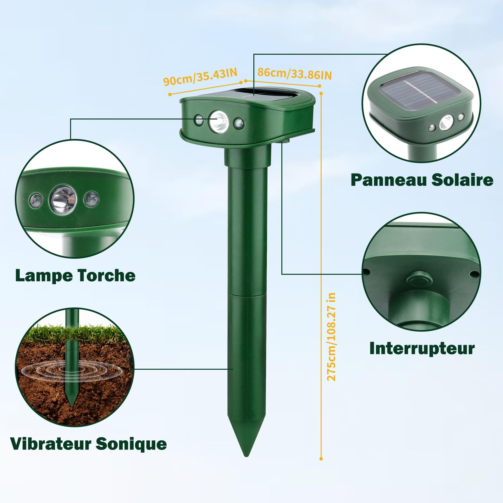 4 Pièces Répulsif Taupes, 20㎡ Nouveau Vibrations Répulsif Solaire pour Martres avec Lumière LED, Imperméable IP45 Effaroucheur Animaux Jardin pour Souris Taupes Lapins Serpents
