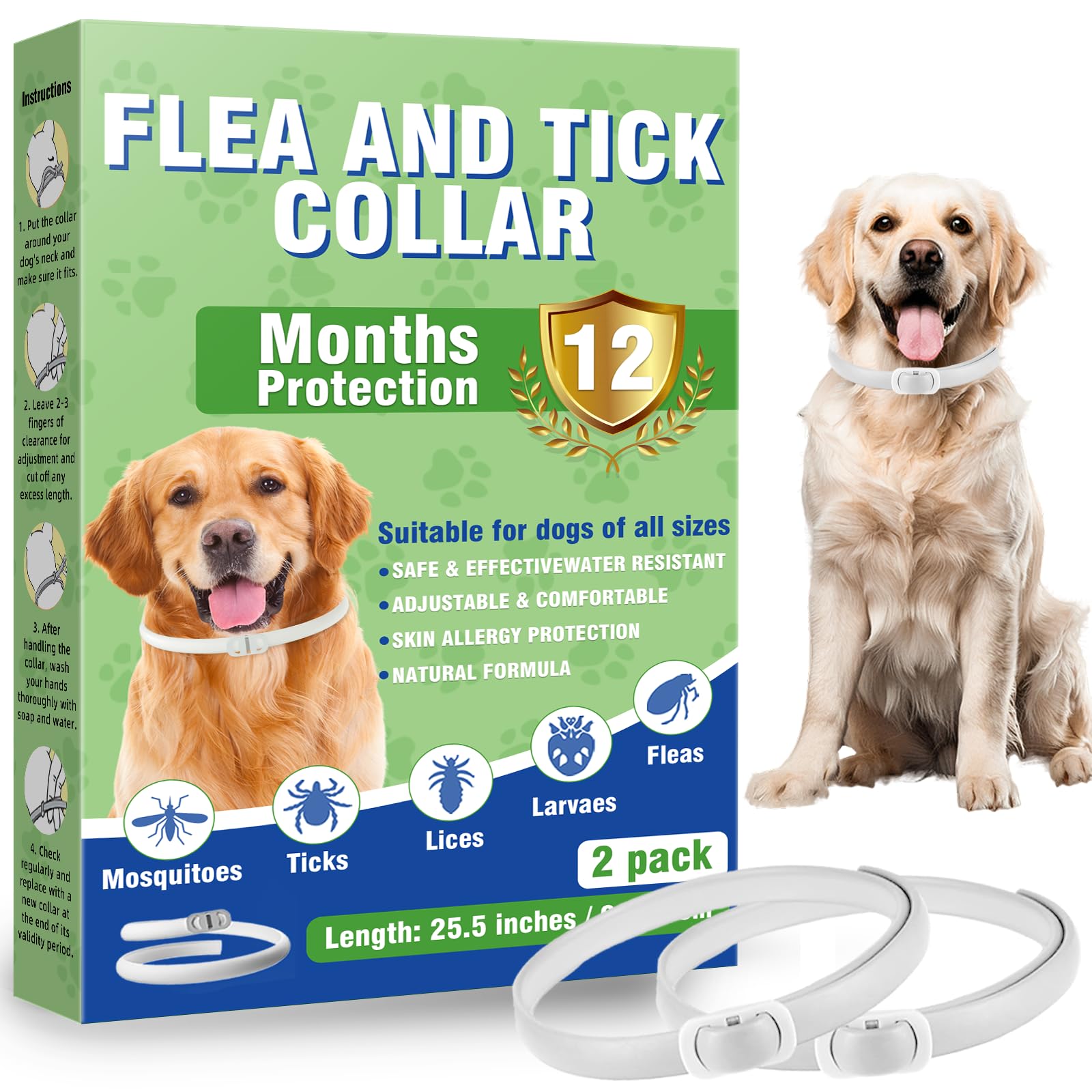 Anti-parasitic Collar for Dogs, Natural Flea Collar (2PCS), Adjustable and Gentle on the Skin, Effective Protection up to 24 Months, Waterproof, Suitable for Small, Medium and Large Dogs