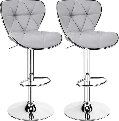 Yaheetech Bar Stools Set of 2, PU Leather Swivel Adjustable Barstools with Shell Back, Bar Chairs with Foma Padded for Home, Kitchen, Light Grey