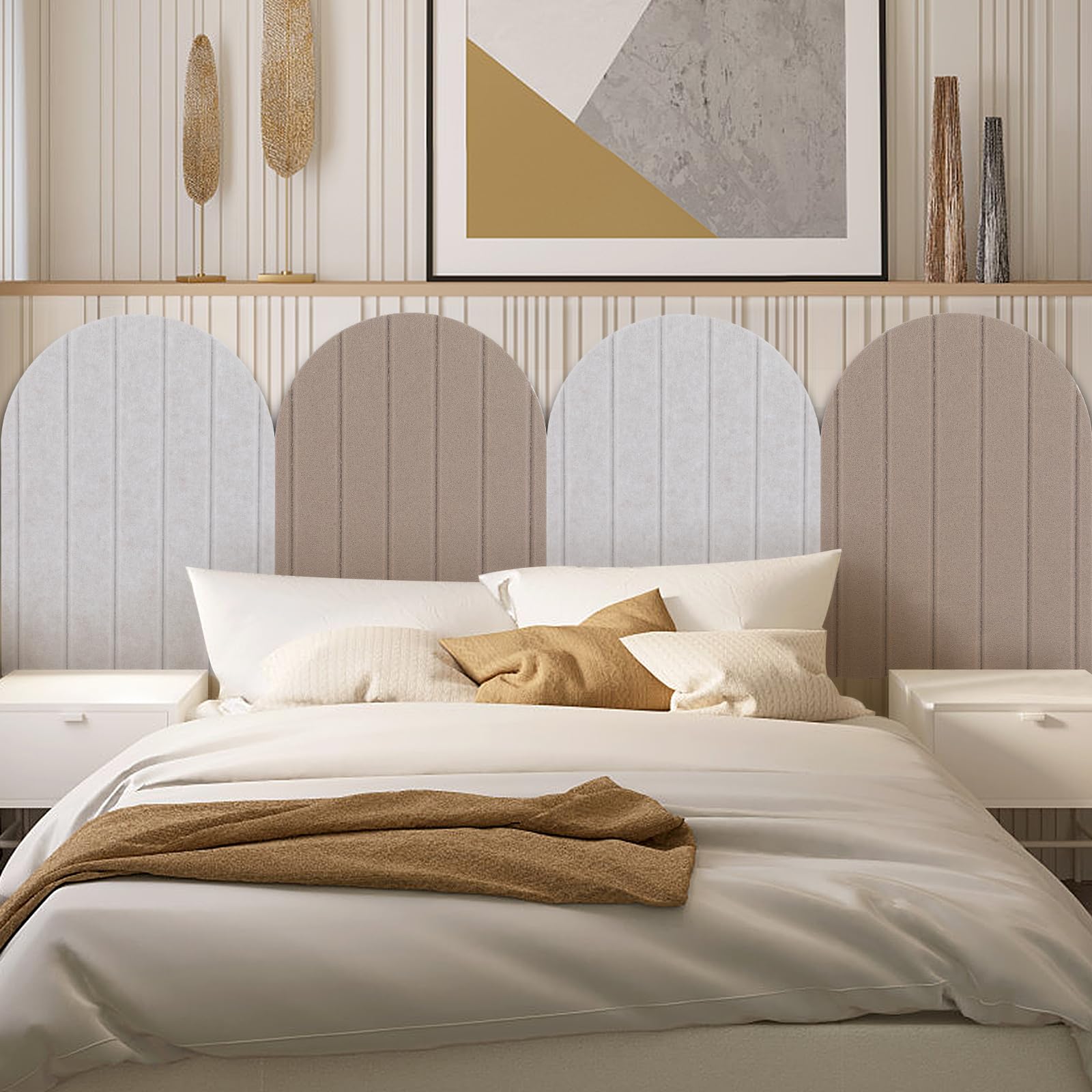 3D Wandpaneele,4 Stück 32x43cm Wandschutz Filz-Paneel Dekorative Wandpaneele Selbstklebend Antikollision Wandpolster für Schlafzimmer,Kinderzimmer (Hellbeige)