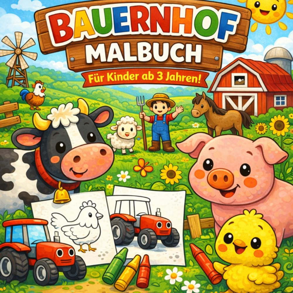 Bauernhof Malbuch für kleine Entdecker ab 3 Jahren: 40 einfache und niedliche Ausmalbilder mit Tieren, Traktoren und Bauernhof-Motiven
