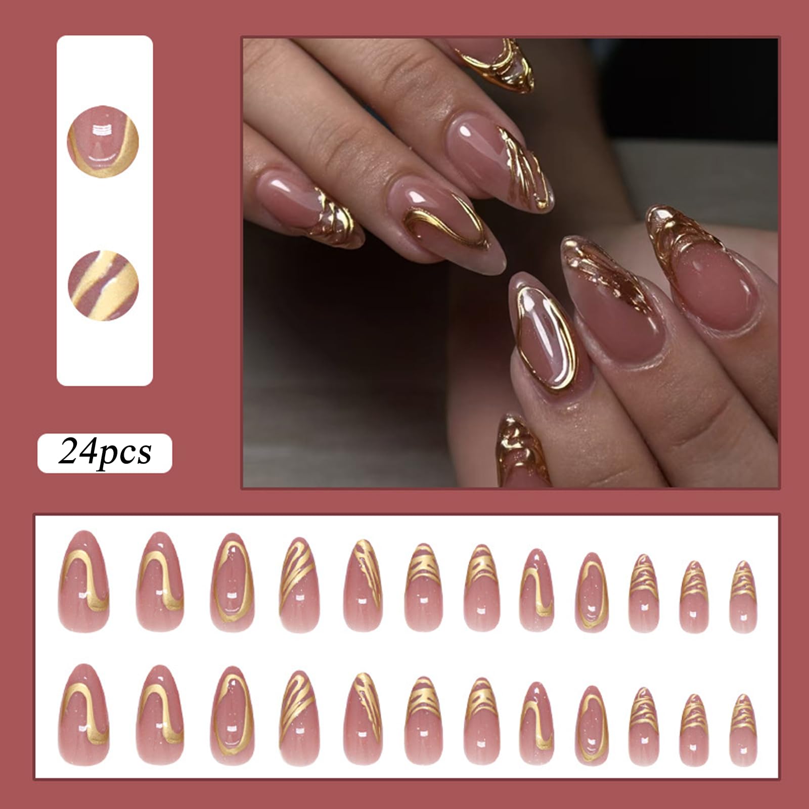 24Pcs Almond False Nails - 3D Stereoscopic Gold Pattern Short Press on Nails - Medium False Nails French Tip - Full Cover Stick on Nail Shiny Artificial Nail for Women - Image 2