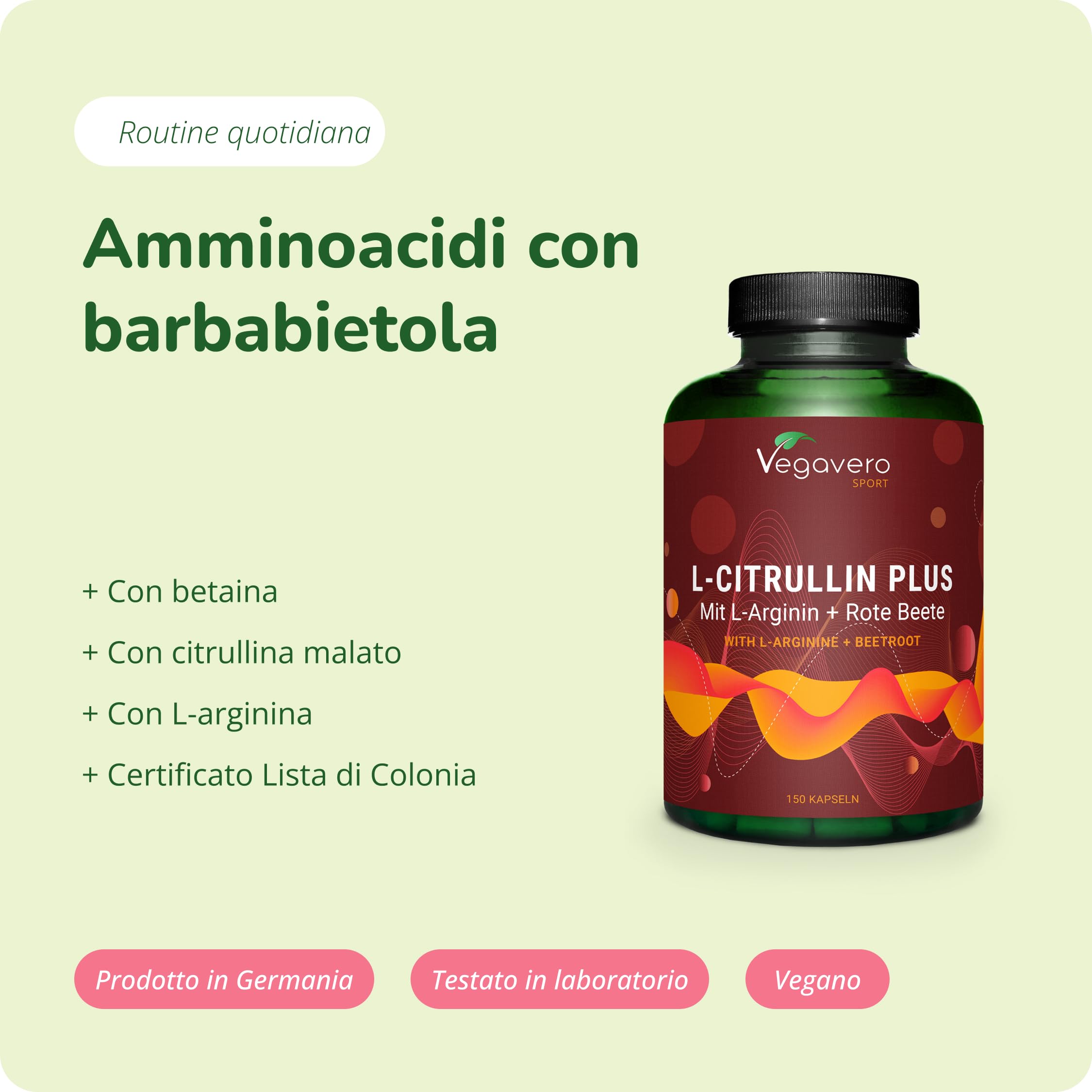 Vegavero L-Citrullina + L-Arginina | 2946 mg di Citrullina Malato (AMINOFERMENT) | con Barbabietola (Betaina) | Senza Additivi | Performance Sportiva e Massa Muscolare | 150 capsule | Vegan