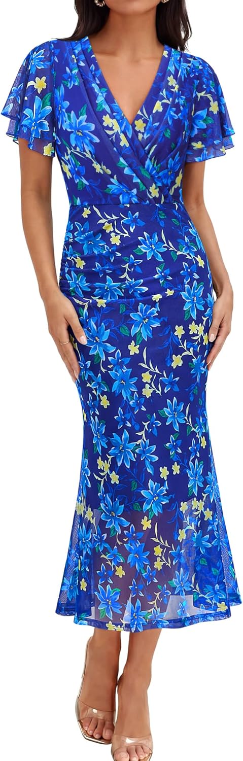 Gaharu Women's Summer Floral Bodycon Maxi Dress 2026 Ruched Mesh Ruffle Sleeve Spring Wedding Guest Cocktail Party Dresses