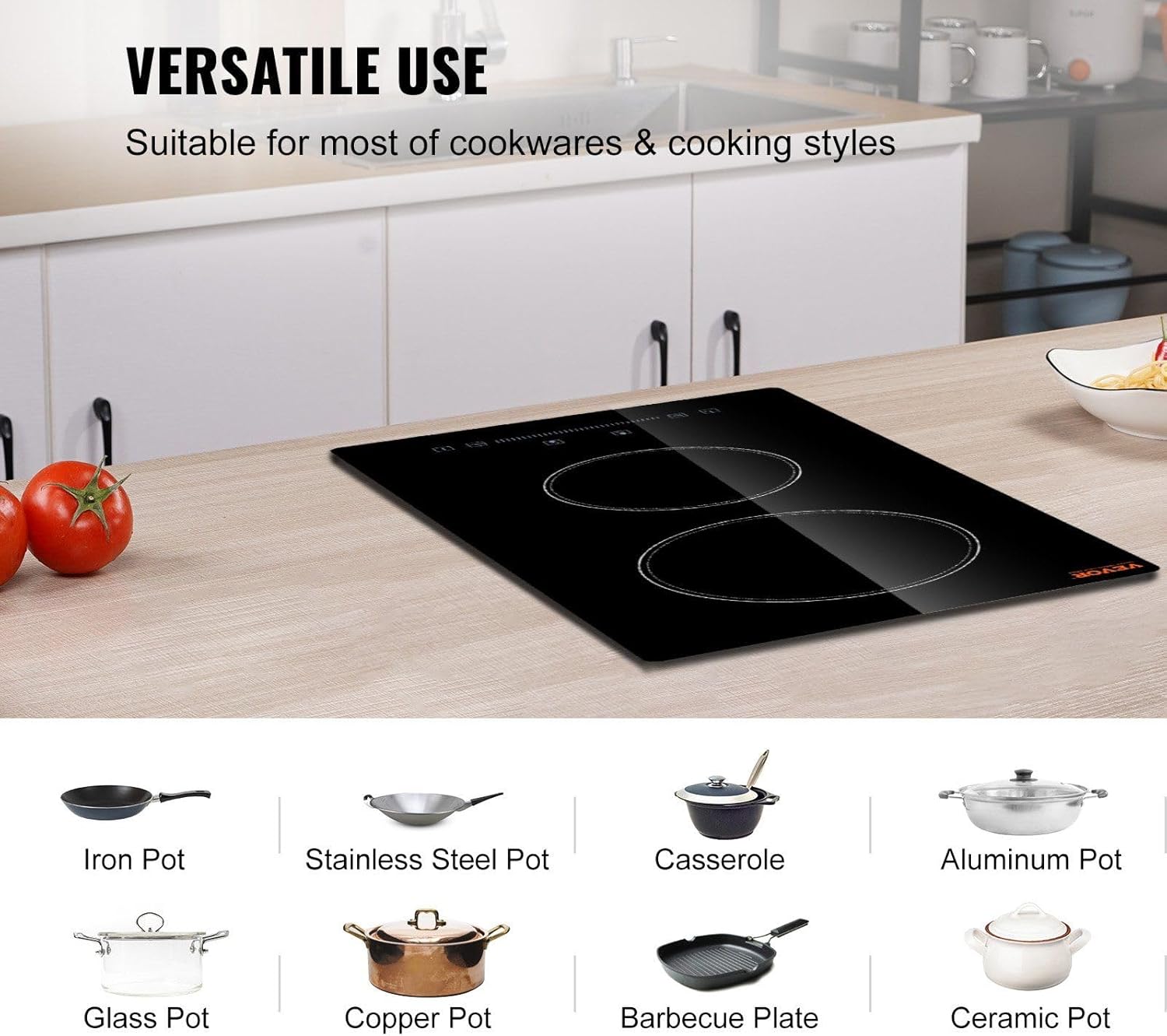 Built in Electric Stove Top, 20 x 11.6 inch 2 Burners, 240V Glass Radiant Cooktop with Sensor Touch Control, Timer & Child Lock Included, 9 Power Levels for Simmer Steam Slow Cook Fry
